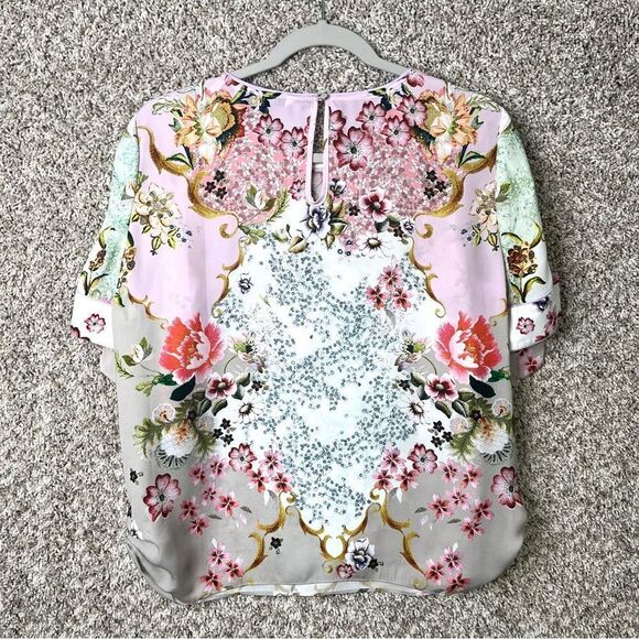Badgley Mischka Top Women’s XS Pink & Gray Floral Print Short Bow Sleeve Blouse - Picture 5 of 7